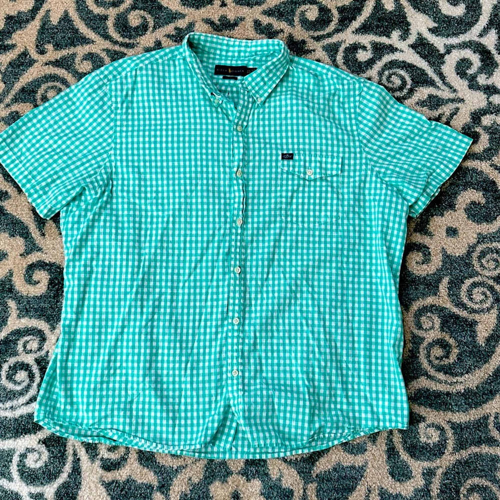 Men’s 2XL Short Sleeve Button Up Teal Plaid Shirt